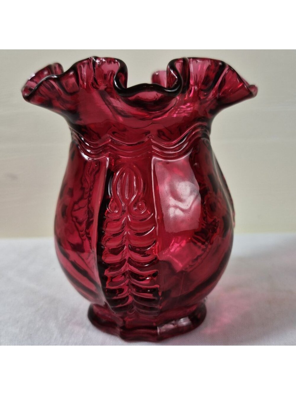 Vintage Fenton Cranberry Ruby Art Glass Ruffled Vase 4" As Is Cracked
